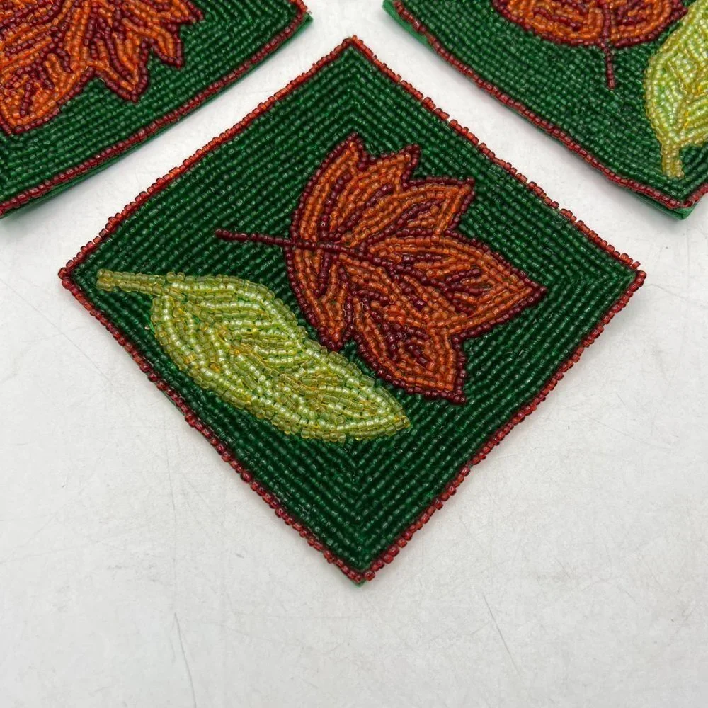 Set of Four Glass Beaded Coasters Fall Leaves Leaf Green Rust Colored